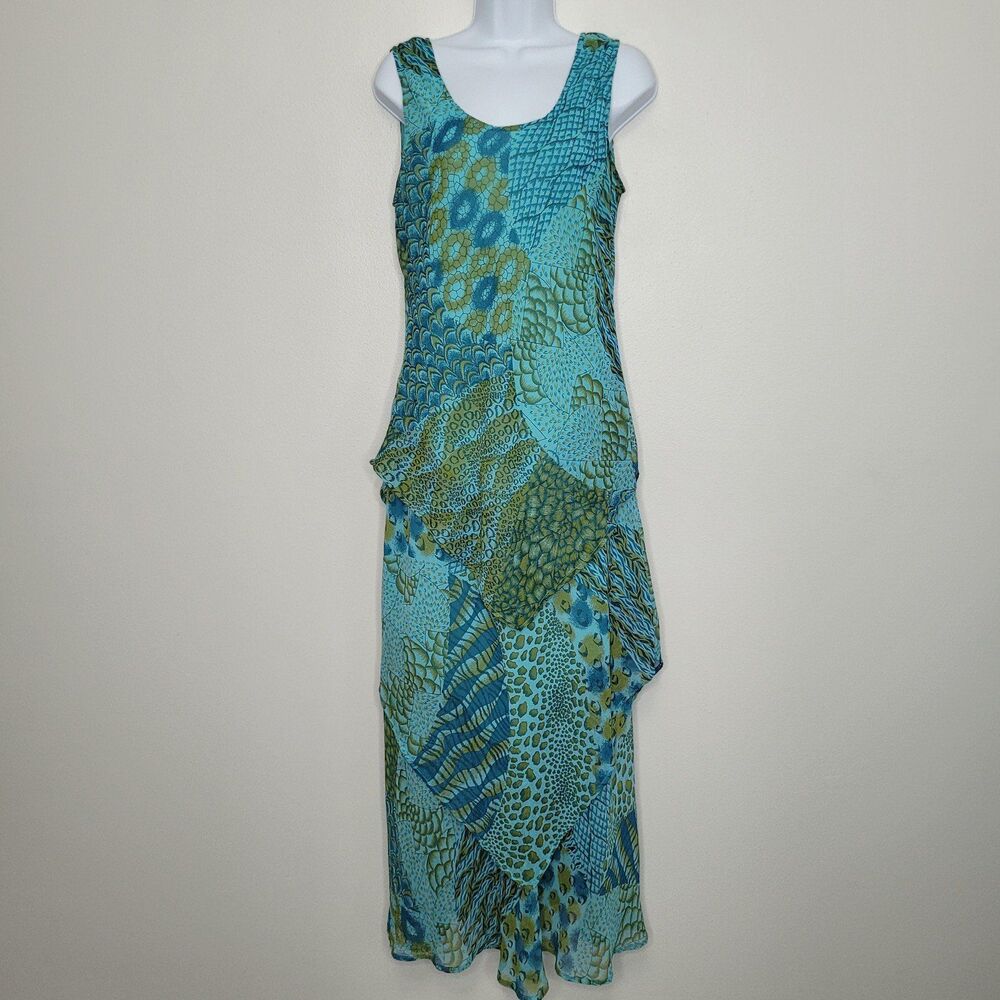 Vintage mixed animal print patchwork look tiered teal green quirky y2k dress L